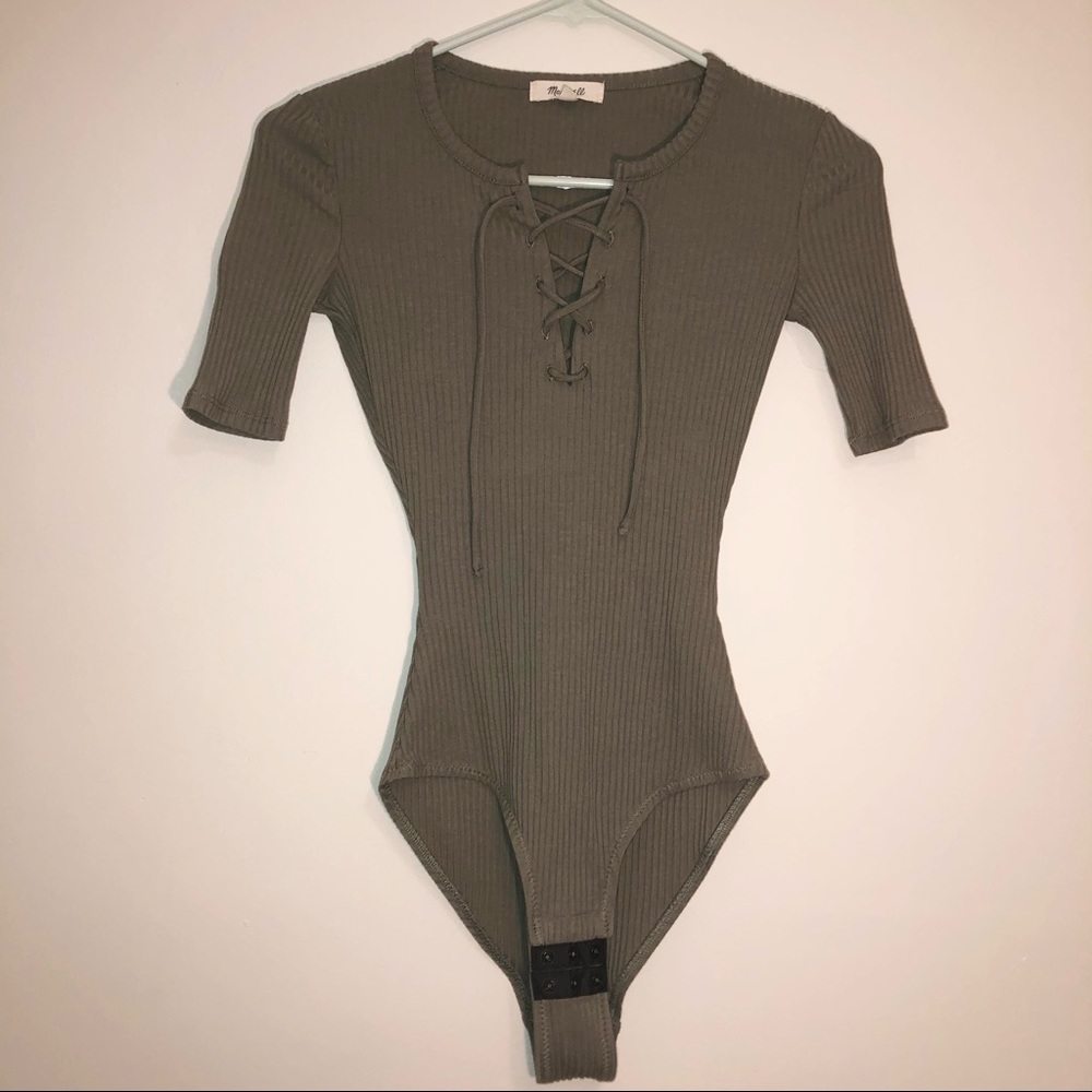 Madewell army green lace up ribbed bodysuit